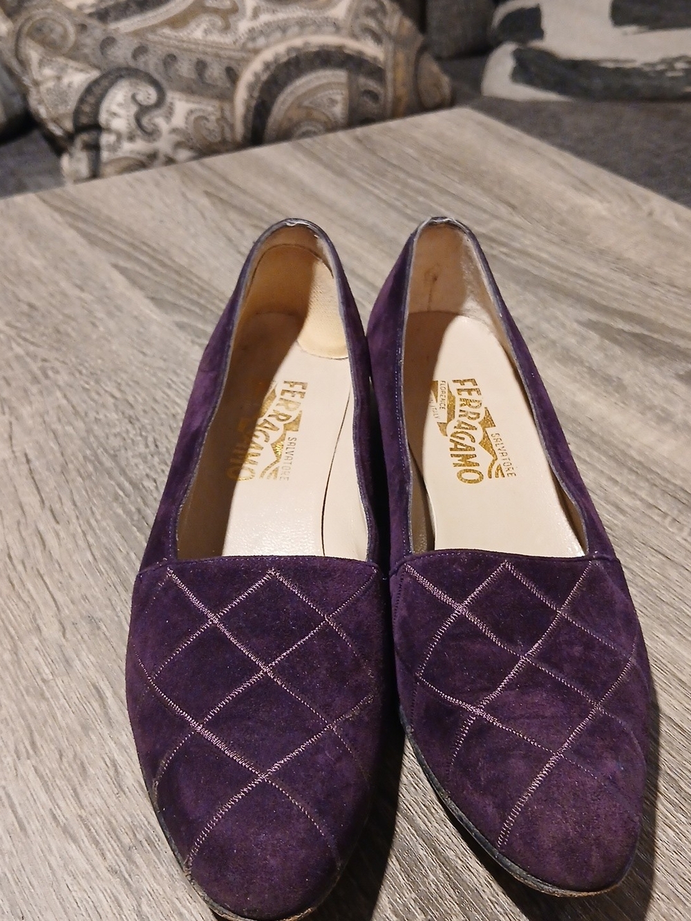 Salvatore Ferragamo Purple Suede Quilted Flats